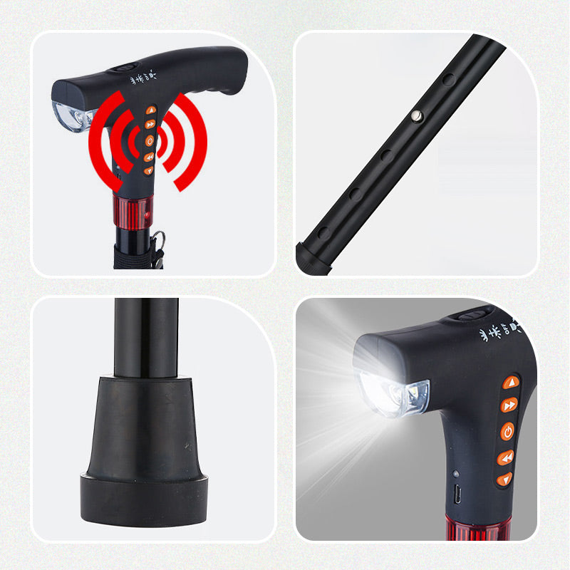 Ergonomic smart mobility aid with LED light, radio, and alarm. Adjustable for comfortable elder care.