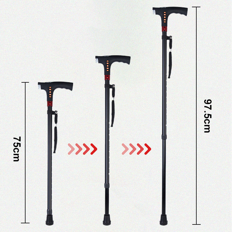 Senior support smart walking stick: adjustable, lightweight aluminum, LED light, radio, & emergency function.