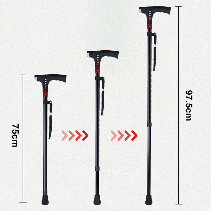 Senior support smart walking stick: adjustable, lightweight aluminum, LED light, radio, & emergency function.