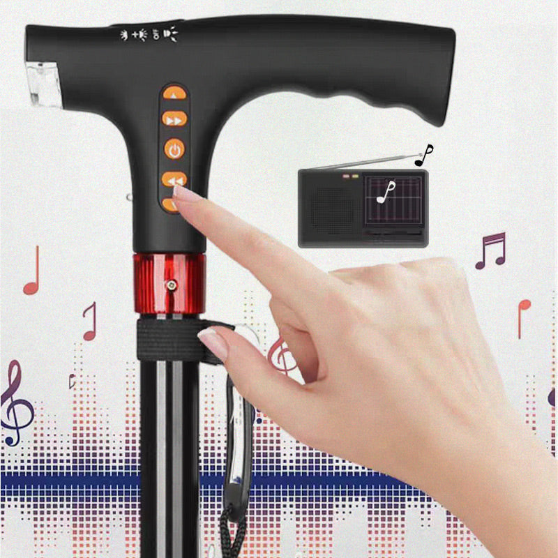Multi-functional smart cane with LED light for safety, FM radio for entertainment, and emergency alarm.