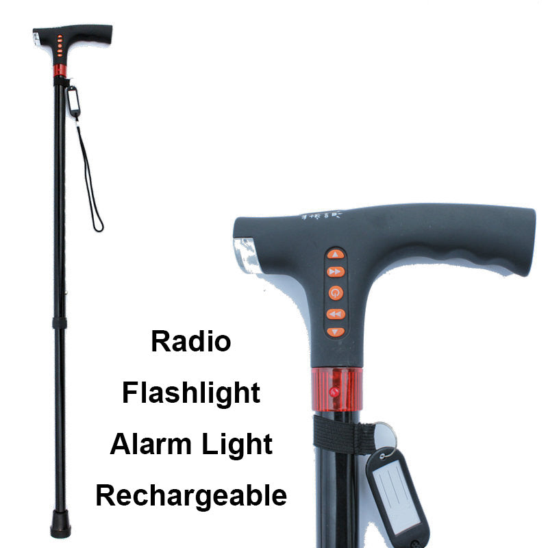 Lightweight adjustable smart cane, perfect mobility aid with LED torch, emergency alarm & radio for elders.