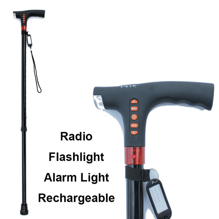 Lightweight adjustable smart cane, perfect mobility aid with LED torch, emergency alarm & radio for elders.