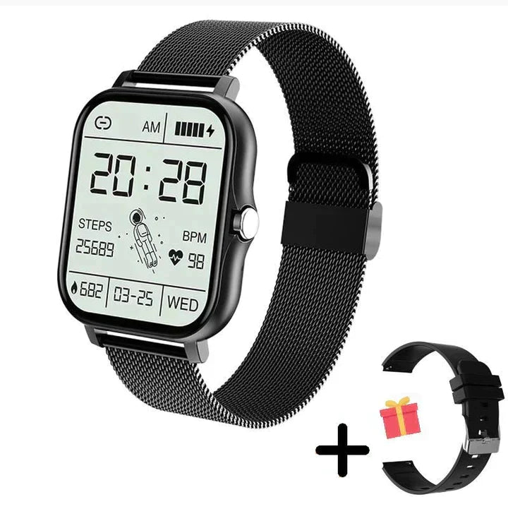 Advanced fitness tracker smart watch for activity monitoring. Includes Bluetooth call & free strap. Unisex.
