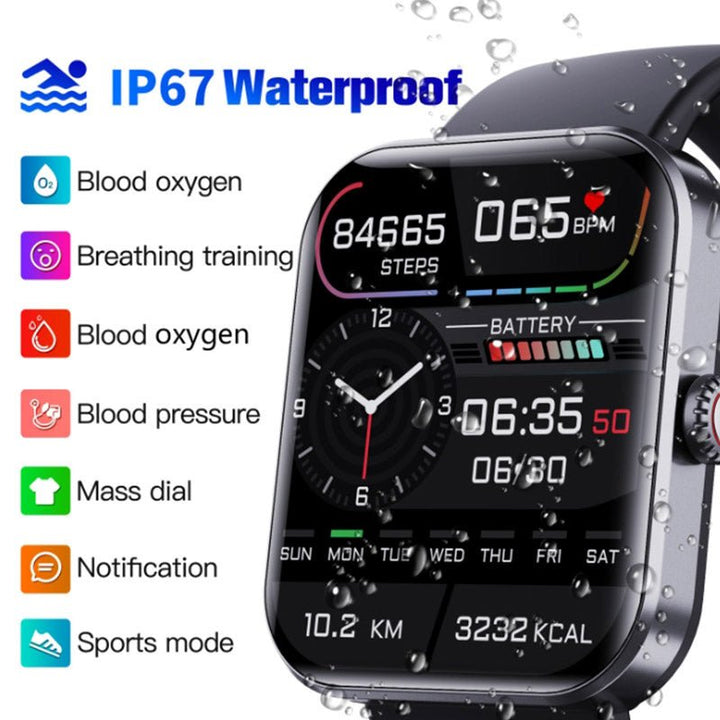 Wellness tech digital watch: painlessly monitors blood sugar, heart rate, and fitness.