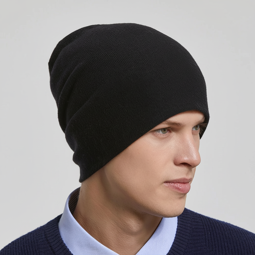Effortlessly stylish black slouchy beanie for men & women, a must-have warm fall accessory.