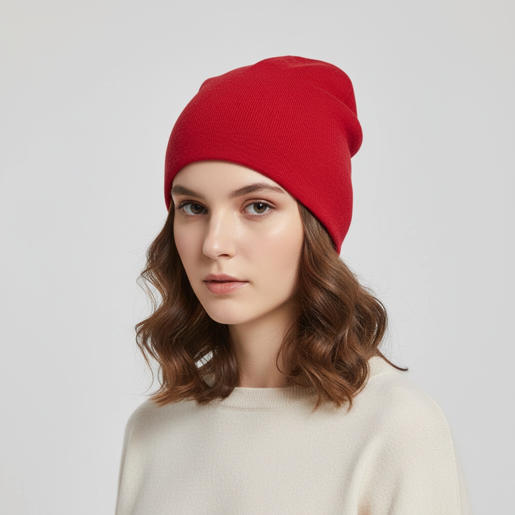 Person wearing a soft unisex slouchy beanie, staying warm & stylish in cold weather.