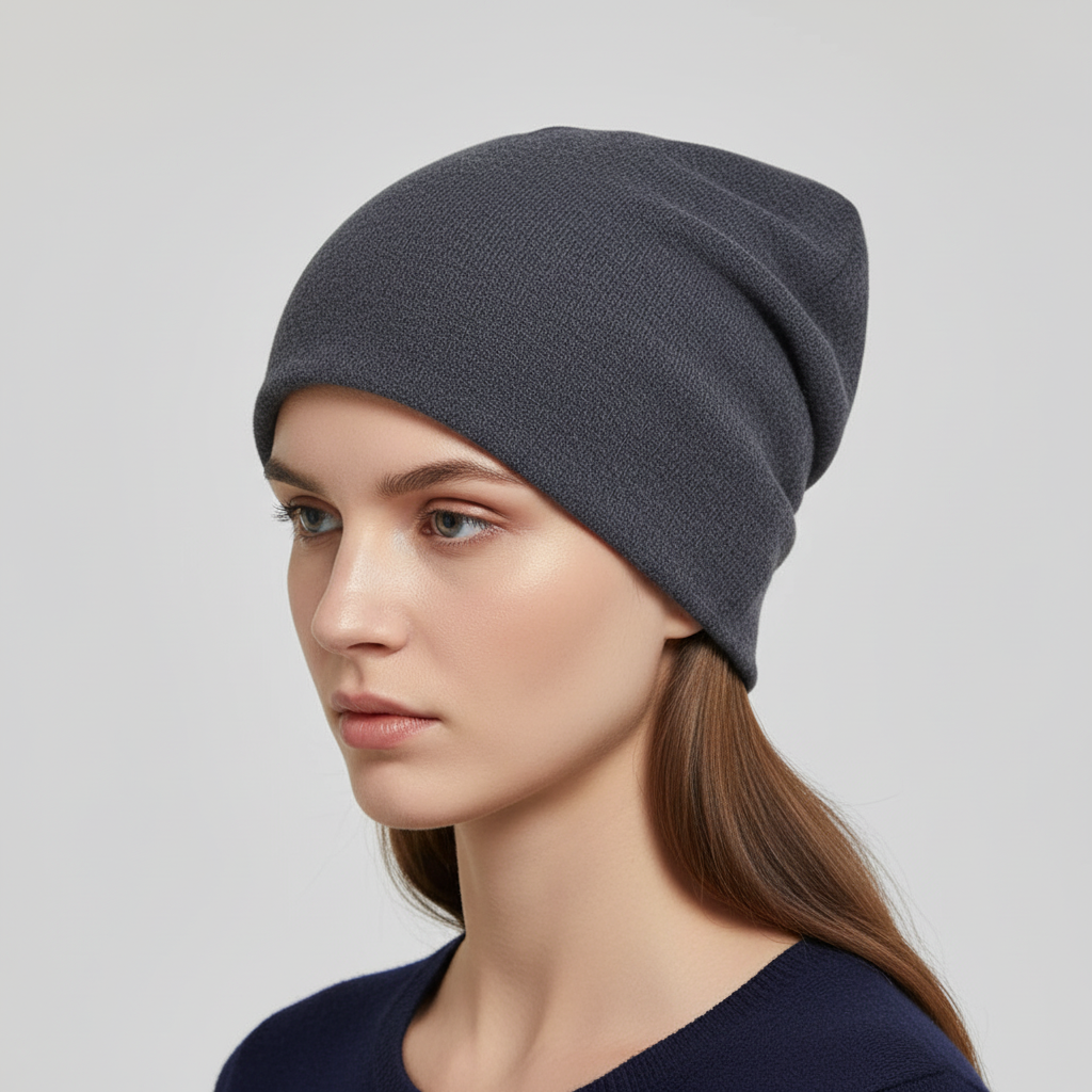 Classic black slouchy beanie, soft Woolglow knit, offering warmth and a trendy, casual look.