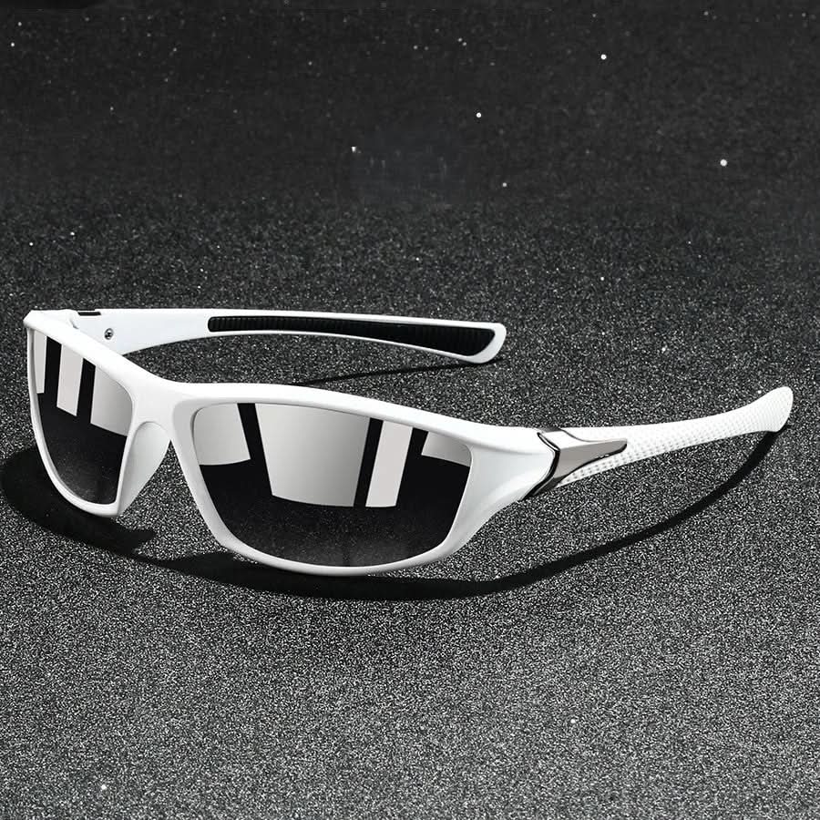 Side view of black unisex sports sunglasses, protective UV400 & polarized lenses for outdoor comfort.