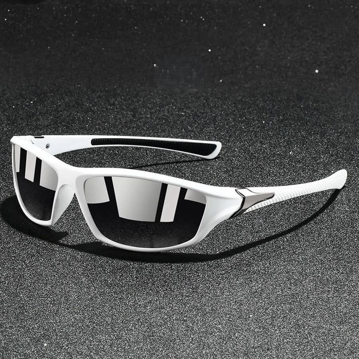 Side view of black unisex sports sunglasses, protective UV400 & polarized lenses for outdoor comfort.
