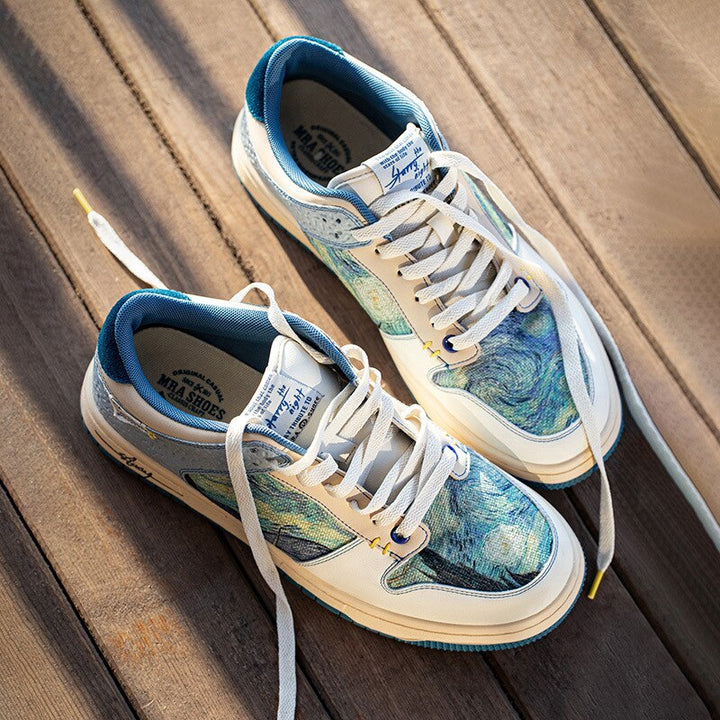 Side view of comfortable Starry Night sneakers. Unisex artistic shoes with Van Gogh print, perfect for urban fashion.