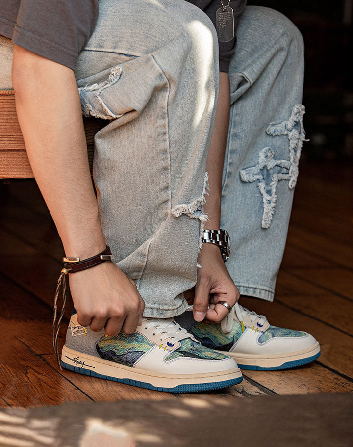 Unisex Starry Night sneakers worn for urban style. Artistic comfort shoes, a fashion statement with Van Gogh design.