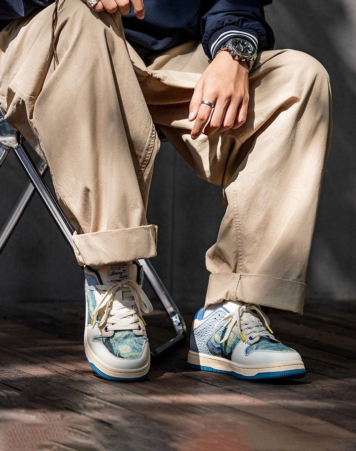 Pair of Starry Night sneakers. Unisex artistic shoes, comfortable fashion sneakers with unique Van Gogh creative design.