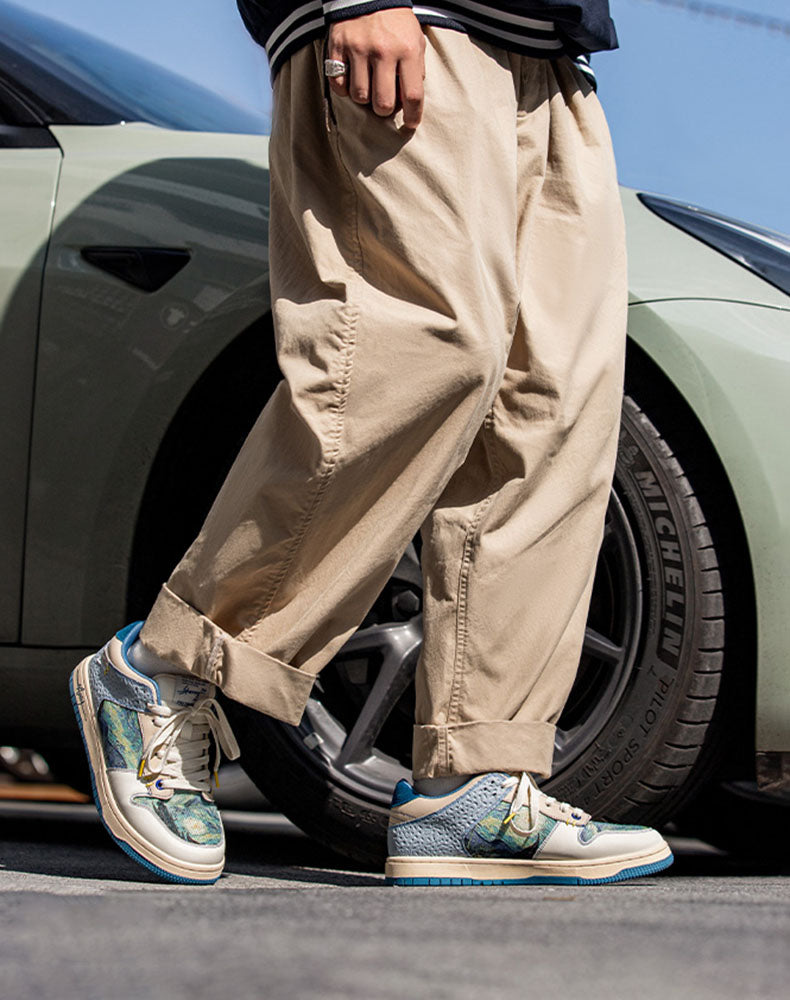 Detailed view of the Starry Night print on creative footwear. Artistic Van Gogh unisex sneakers, comfortable statement shoes.