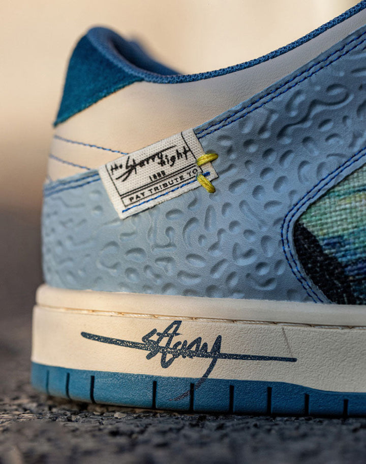 Vibrant blue and yellow Starry Night sneakers. Artistic unisex shoes, comfortable Van Gogh fashion sneakers.