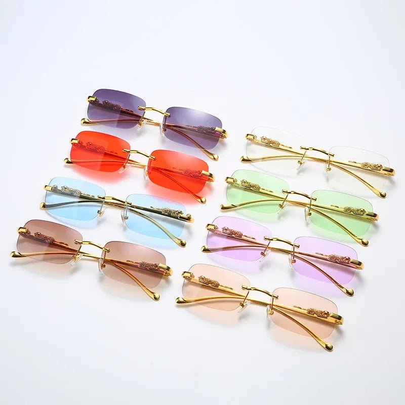 Sleek rimless eyewear, unisex design, offering UV400 protection for sunny days.