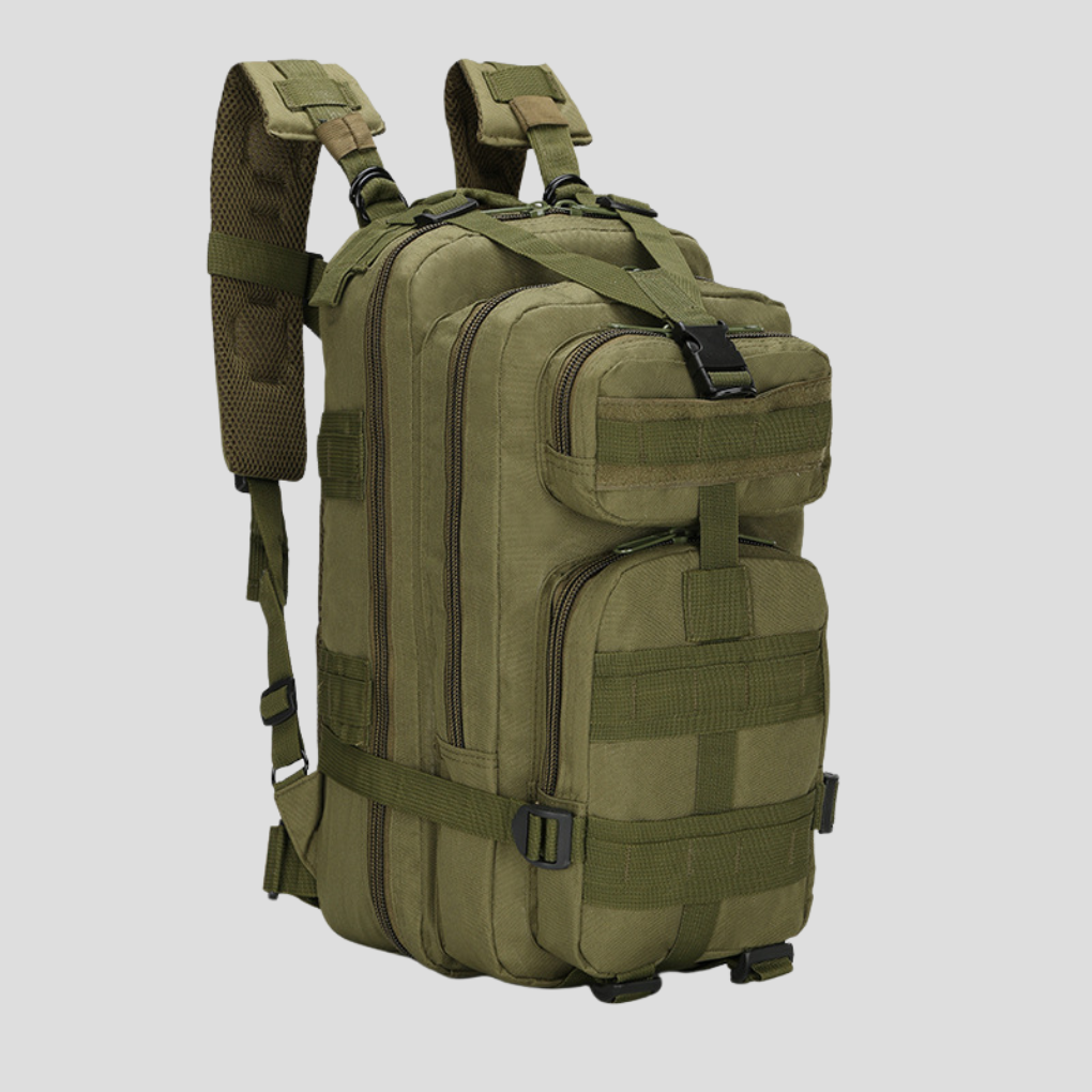 Unisex tactical backpack with MOLLE webbing. Durable 7.9-gallon military-style pack for hiking, camping, and outdoor gear.