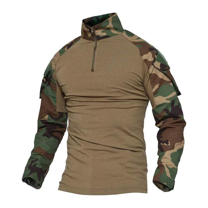 Model wearing a black Unisex Tactical Combat Shirt, long sleeve activewear for outdoor activities