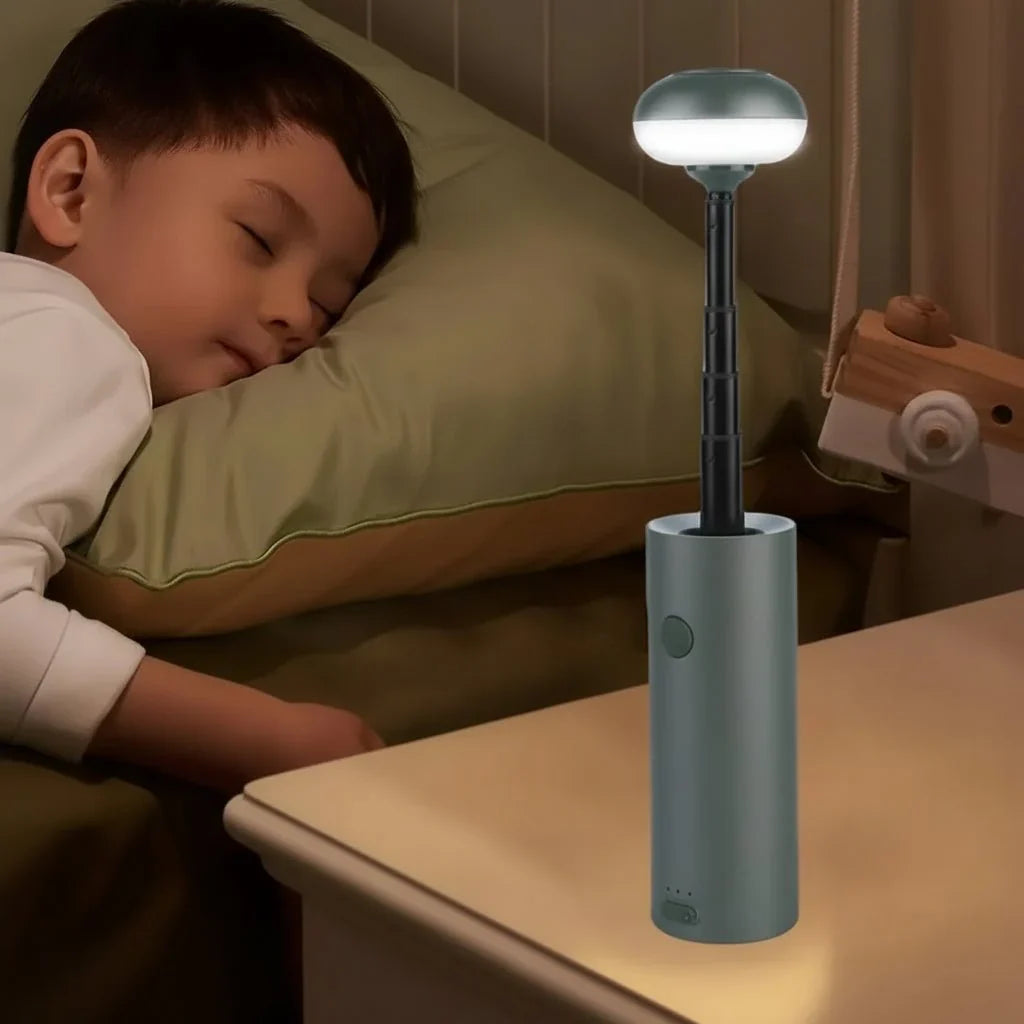 Portable rechargeable LED camping lantern with magnetic base. Flexible telescopic design for outdoor and emergency use.