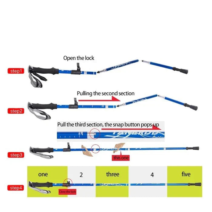 Close-up of an adjustable trekking pole, showcasing its telescopic folding mechanism & sturdy outdoor design.
