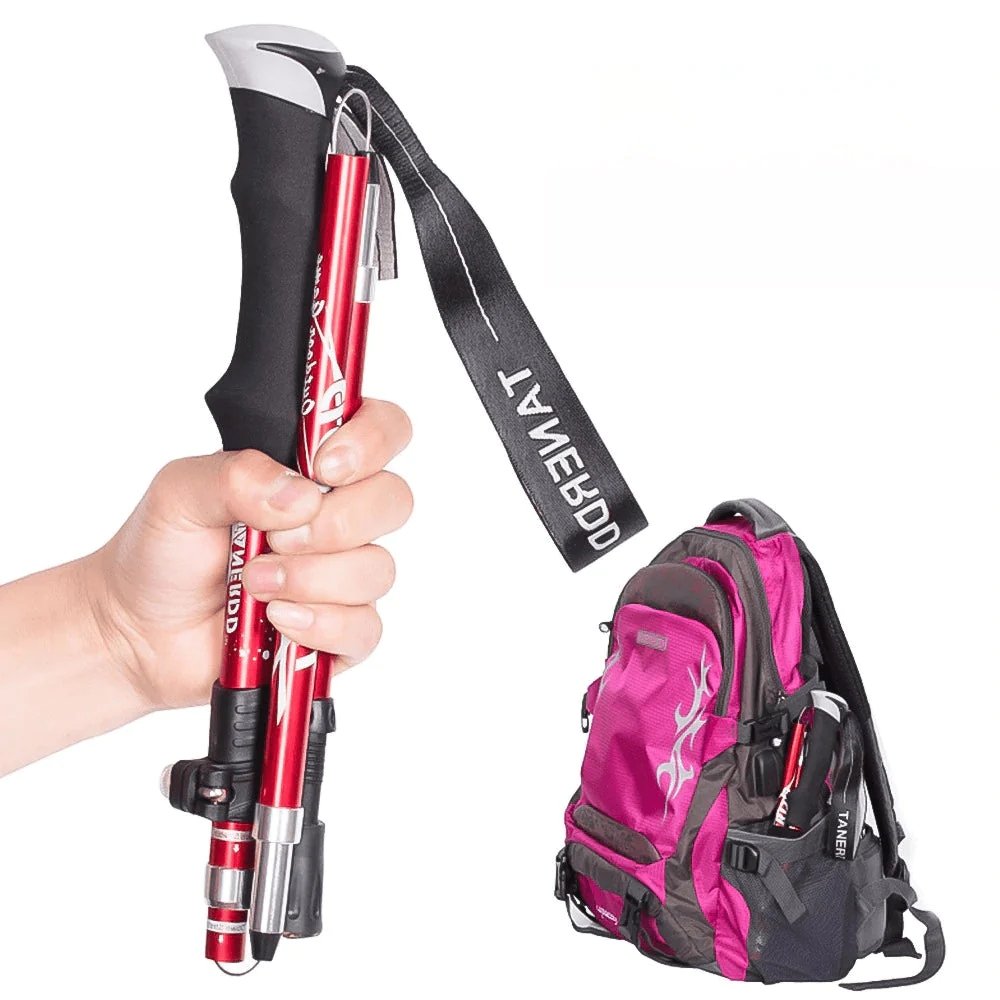 Portable trekking gear: unisex adjustable walking sticks for trail hiking, camping & outdoor sports enthusiasts.
