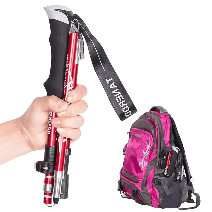 Portable trekking gear: unisex adjustable walking sticks for trail hiking, camping & outdoor sports enthusiasts.