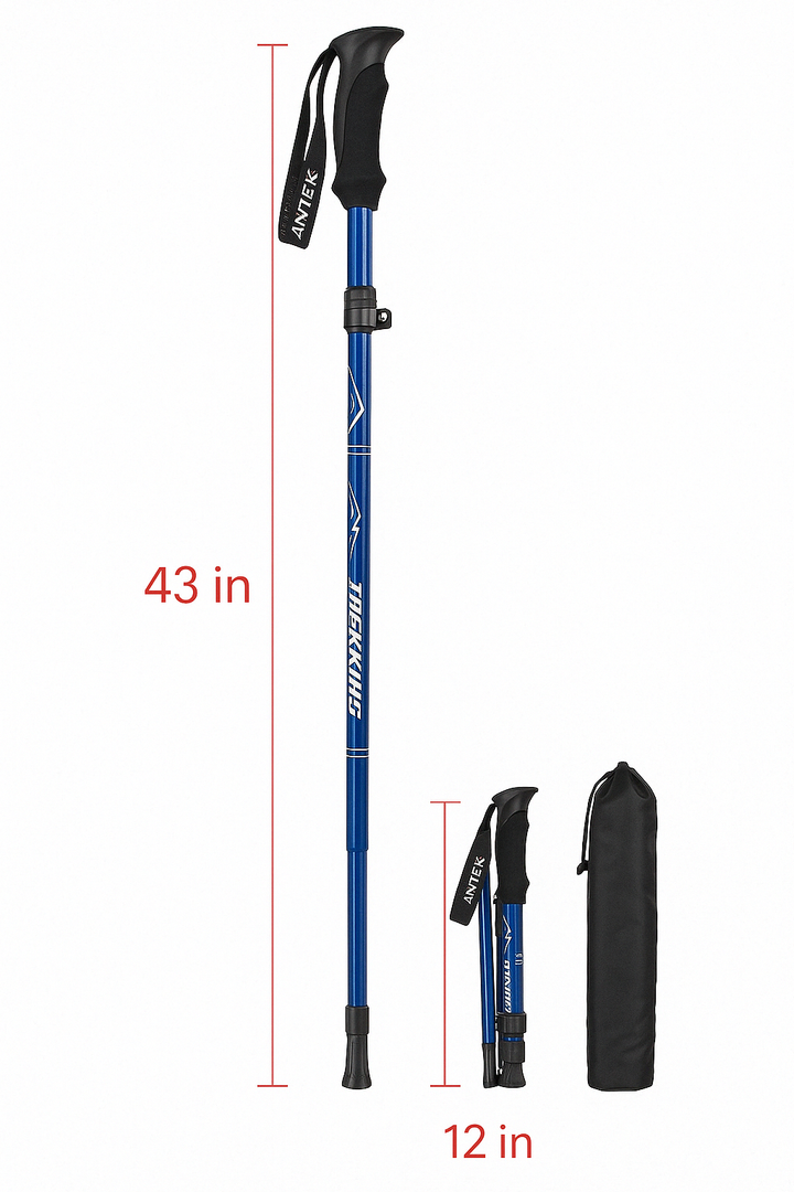 Ergonomic unisex telescopic walking sticks. Essential lightweight trekking gear for comfortable long-distance hikes.