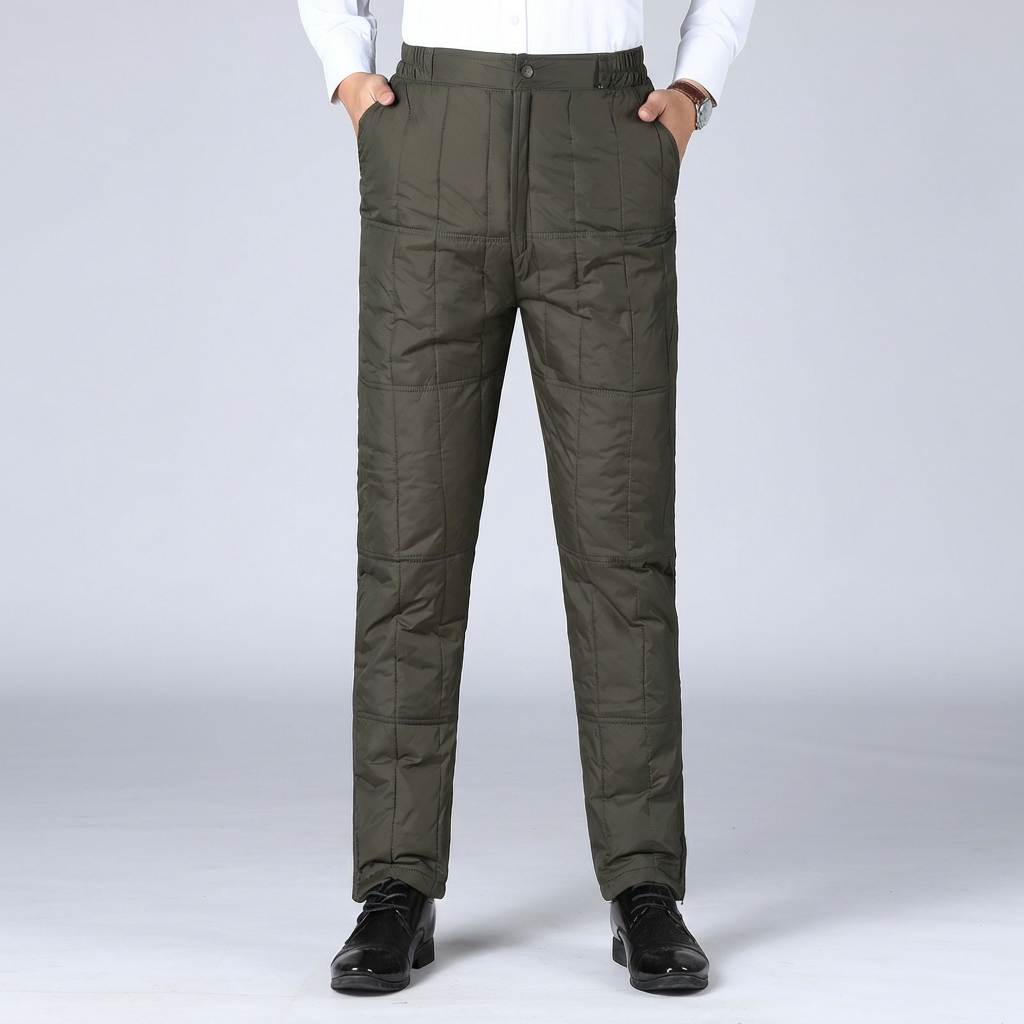 Warm high-waisted duck down pants, unisex, ideal for winter outdoor wear and cold weather comfort.
