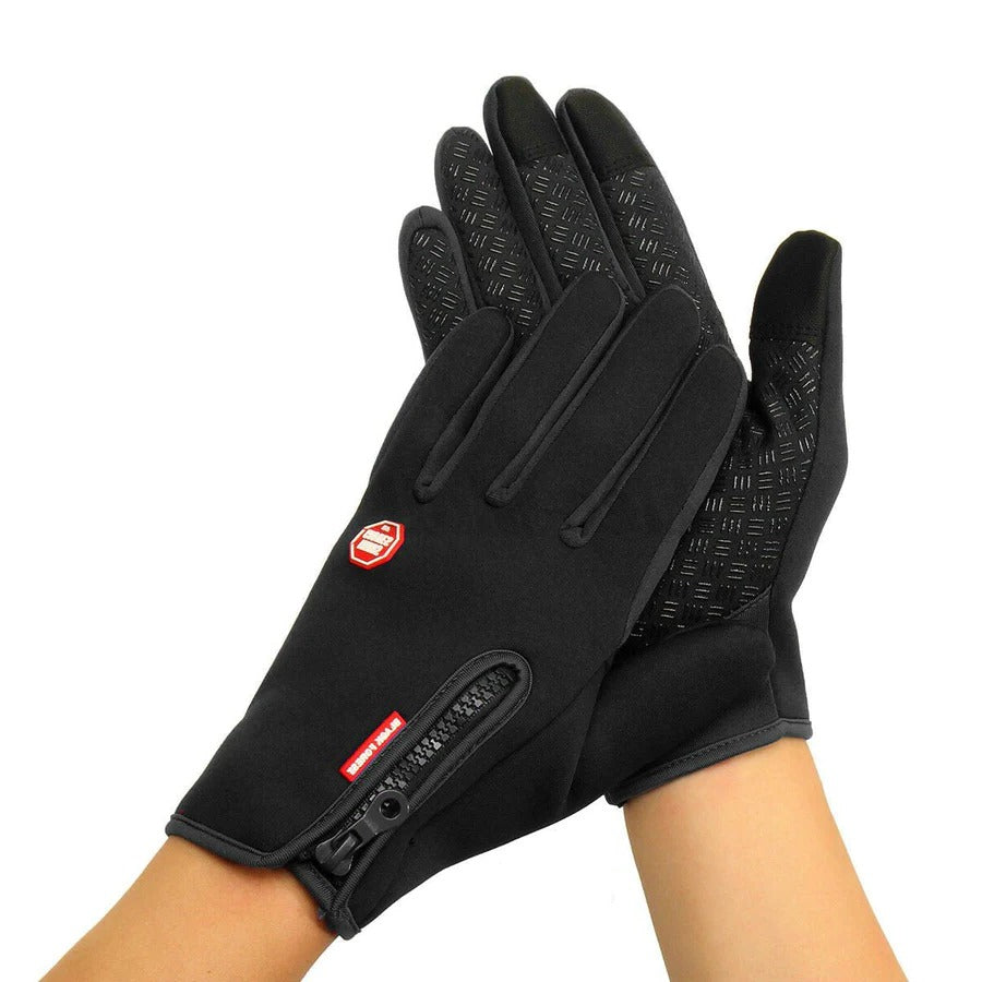 Close-up of black thermal touchscreen winter gloves, designed for cold weather warmth & dexterity.