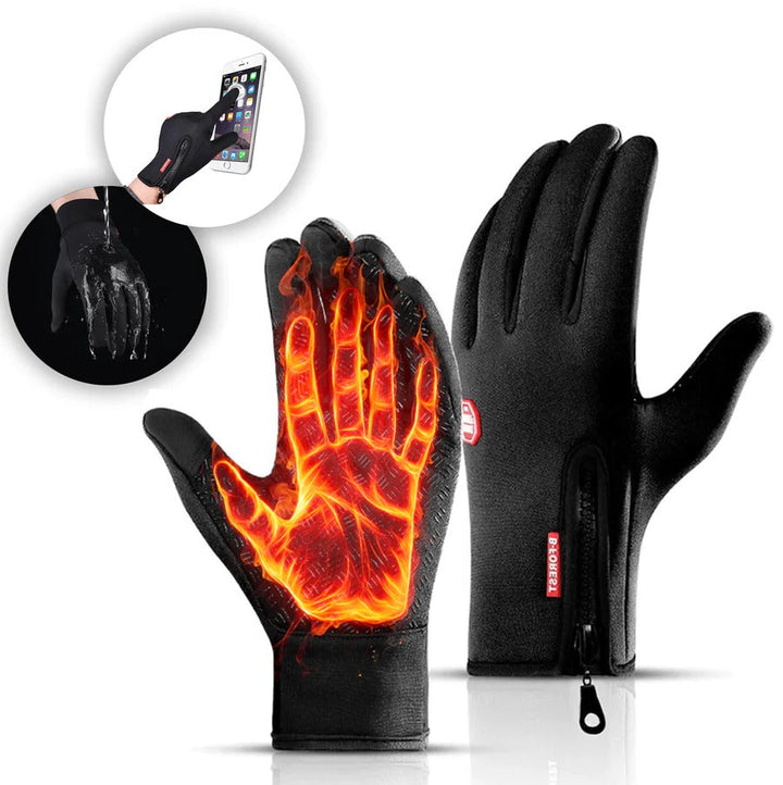 Black unisex thermal gloves with touchscreen fingertips, windproof & water resistant for winter.