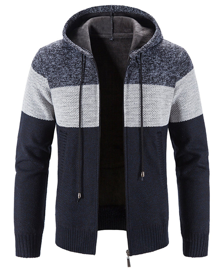 Casual tri-tone knit performance hoodie for men and women, featuring comfortable fabric and hood.