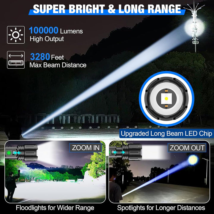 Waterproof tactical LED flashlight with power bank feature, perfect for adventure and emergency use.