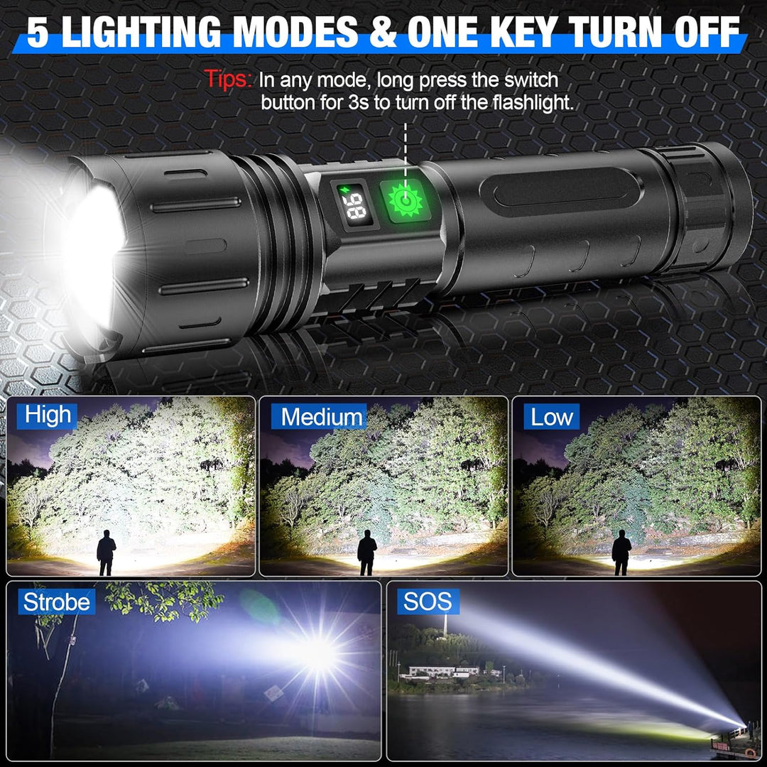 Bright LED tactical flashlight for camping, hiking, and outdoor adventures. Rechargeable & durable.