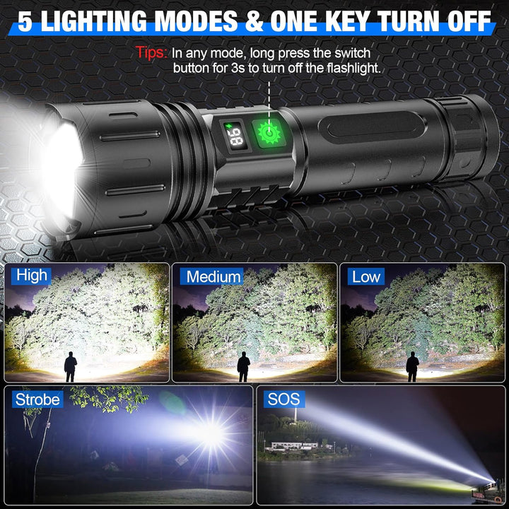 Bright LED tactical flashlight for camping, hiking, and outdoor adventures. Rechargeable & durable.