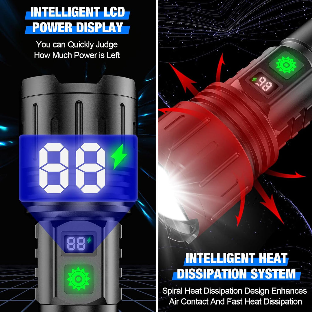 Handheld tactical LED flashlight showing powerful beam; perfect for emergency, camping & outdoor tasks.