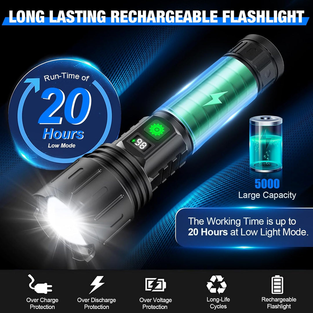 Rugged, waterproof tactical LED flashlight. Rechargeable & serves as a power bank for outdoor needs.