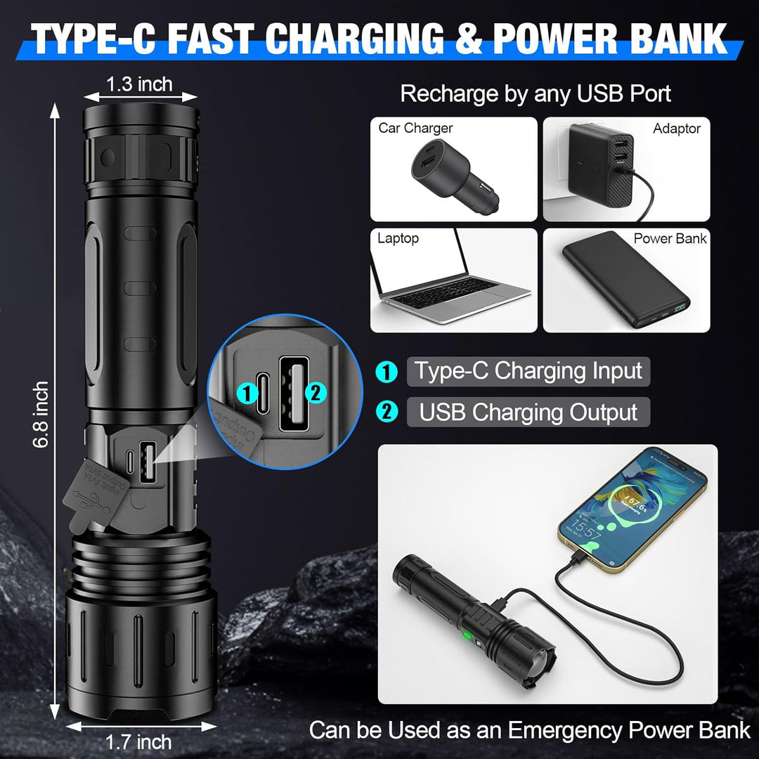 Person holding ultra-bright tactical LED flashlight illuminating a dark path; great for emergency & outdoor use.