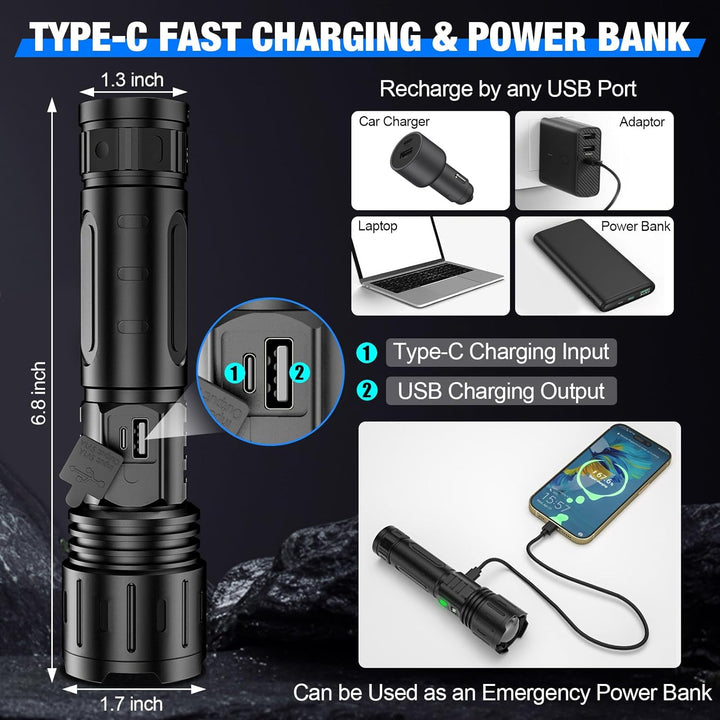 Person holding ultra-bright tactical LED flashlight illuminating a dark path; great for emergency & outdoor use.