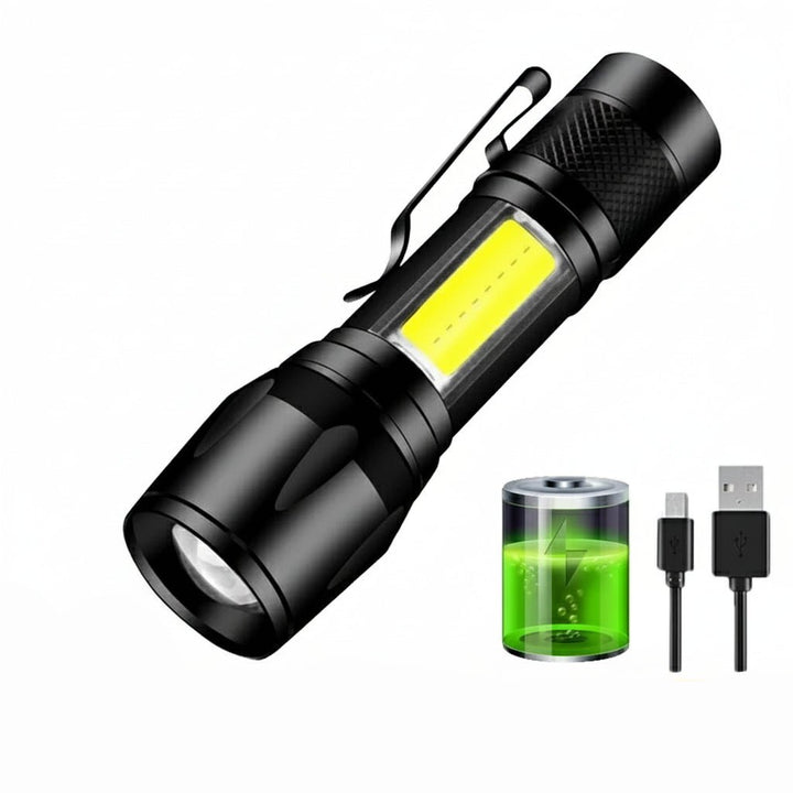 Heavy-duty aluminum LED flashlight, waterproof & long-lasting. Ideal for survival & outdoor use.