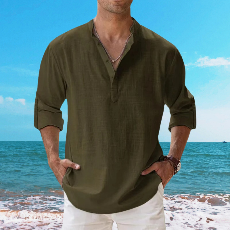 Detail of the collar and buttons on a casual unisex cotton linen blend shirt