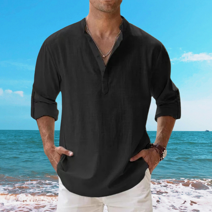 Flat lay of a lightweight unisex cotton linen blend shirt, a versatile summer top