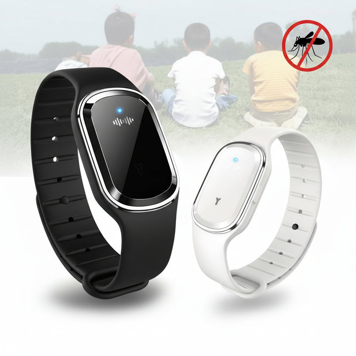Sleek modern mosquito repellent bracelet, ultrasonic insect defense for camping & outdoor fun.
