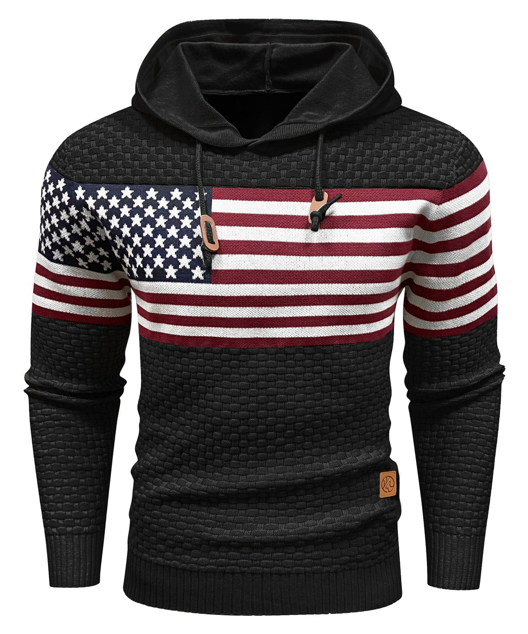 Model wearing Unisex US Flag Heavyweight Hoodie, comfortable and warm patriotic sweatshirt, casual fashion