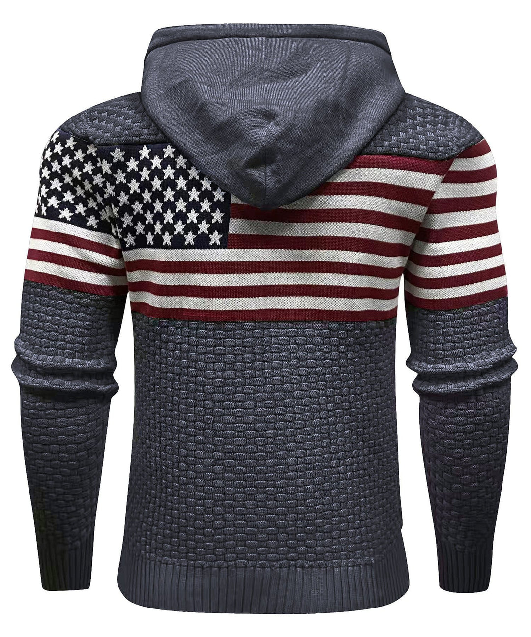 Patriotic US flag print hoodie sleeve and cuff detail, heavyweight cotton-polyester blend, durable and warm