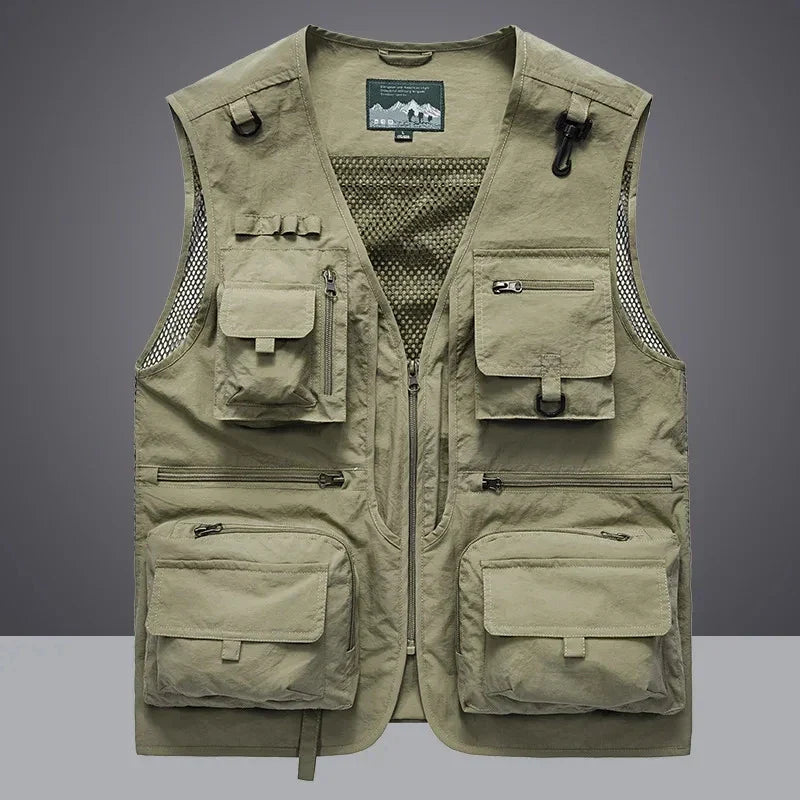 Casual outdoor utility vest with numerous compartments, perfect for carrying essentials.
