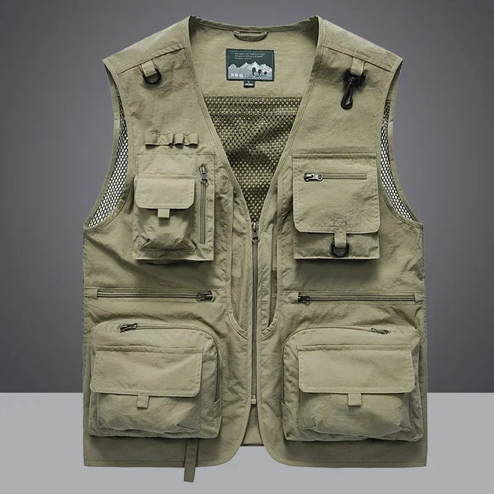 Casual outdoor utility vest with numerous compartments, perfect for carrying essentials.