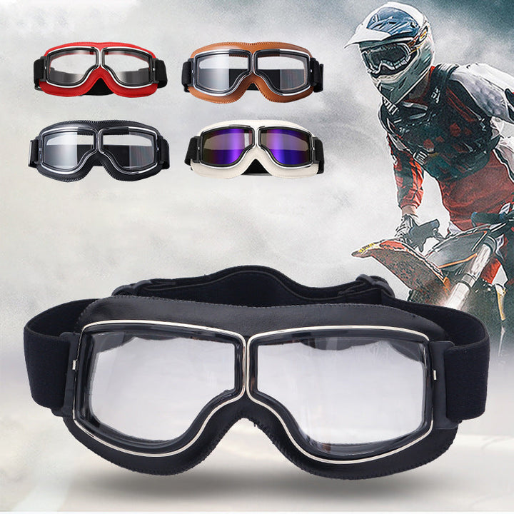 Vintage motorcycle goggles with scratch-resistant clear polycarbonate lenses. Durable UV protection.