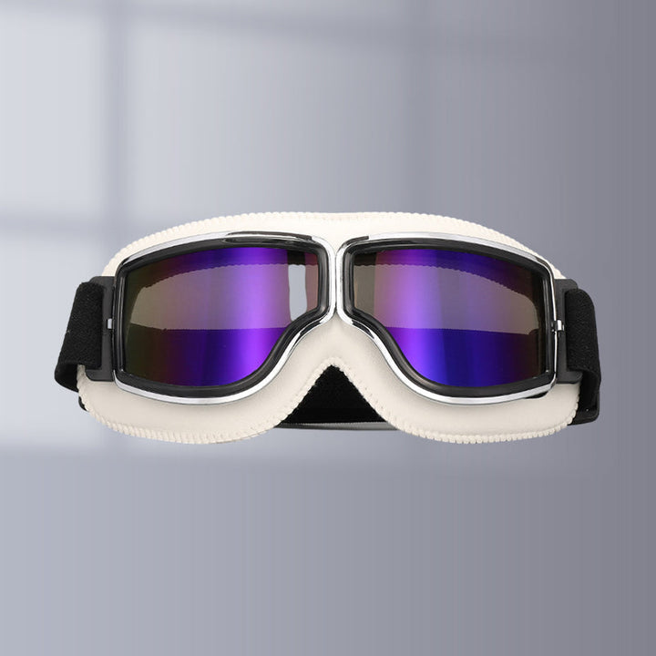 High-quality unisex vintage motorcycle goggles with a distressed leather strap. Retro style protection.
