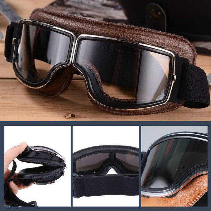 Close-up of vintage motorcycle goggles, showing retro frame, ventilation, & clear eye protection.