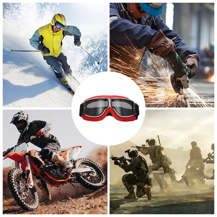 Pair of vintage motorcycle goggles on a surface, ready for riders. Retro eyewear with wind & UV protection.