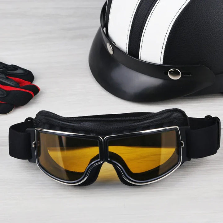 Vintage motorcycle goggles with high-definition lenses for clear, unobstructed vision & eye protection.